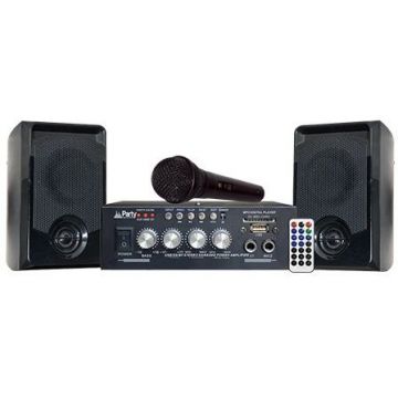 Set Karaoke Microfon Amplificator 2x50w + 2 Boxe Bluetooth/USB/SD Negru
