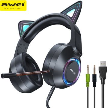 Casti gaming AWEI GM9, Over-Ear 50mm, Microfon, Urechi pisica, Lumina RGB, Cablu 2.1m