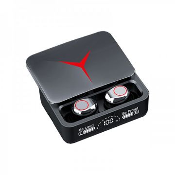 Casti wireless TWS M90 PRO pentru gaming cu microfon, Bluetooth 5.3, Rezistenta la apa IPX7, Control tactil, Display digital, Carcasa tip power bank 1200mAh, Compatibilitate universala, negru