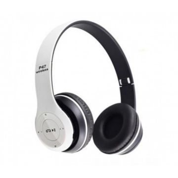 Casti Audio Wireless Bluetooth P47, Radio FM, Card SD, Microfon Incorporat, 10m, Pliabile, Alb