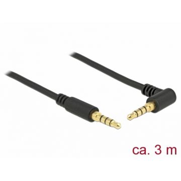 Cablu Stereo Jack 3.5 mm (pentru smartphone cu husa) 4 pini unghi 3m T-T Negru, Delock 85616