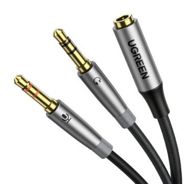 Adaptor Audio/Microfon Ugreen, mama 3,5 mm/ 2 x tata 3,5 mm, Cablu AUX, 20 cm, Argintiu