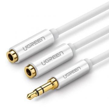 Cablu 2in1 Ugreen AV123 2x Jack 3.5 mm mama la Jack 3.5 mm tata, 0.25m, Alb