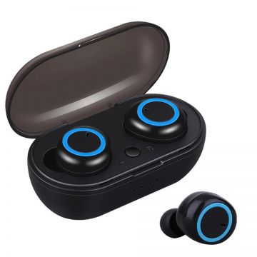 Casti Bluetooth W1, Wireless, Control Volum, Handsfree, Rezistent la Apa, Microfon Incoporat, Negru-Albastru