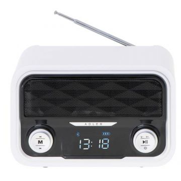 Radio Bluetooth FM ADLER, 50 de statii de memorie, MP3, Port USB si card SD, Fara fir, Portabil, Baterie 1800 mAh, Micro USB, Alb/Negru