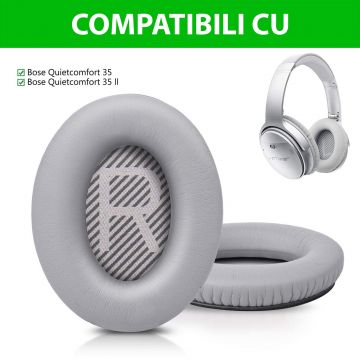 Set 2 bureti PadForce® pentru casti Bose QuietComfort 35, 35 II, QC35, QC35 II, Spuma cu memorie - Argintiu, Piele naturala