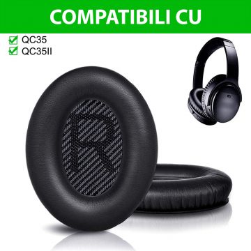 Set 2 bureti PadForce® pentru casti Bose QuietComfort 35, 35 II, QC35, QC35 II, Spuma cu memorie - Negru, Piele naturala