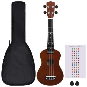 vidaXL Set de ukulele soprano, pentru copii, cu husă, lemn închis, 23