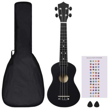 vidaXL Set de ukulele soprano, pentru copii, cu husă, negru, 23