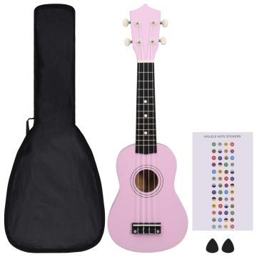 vidaXL Set de ukulele soprano, pentru copii, cu husă, roz, 21