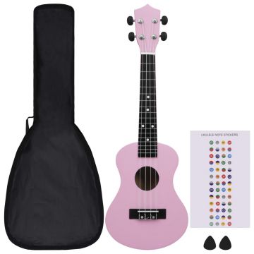 vidaXL Set de ukulele soprano, pentru copii, cu husă, roz, 23