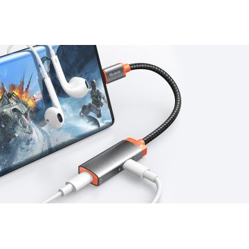 Adaptor audio si incarcare USB-C la 2x USB-C mama CA-0520, PD 60W, Argintiu/Portocaliu