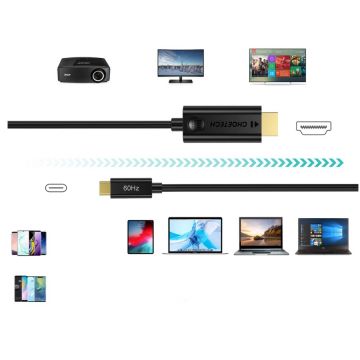 Cablu video adaptor Choetech CH0019 unidirectional USB-C tata 3.1 la HDMI tata 2.0 4K 60Hz 1.8m, Negru
