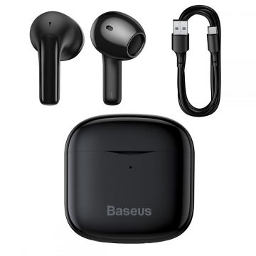 Casti bluetooth wireless Baseus E3 TWS, Bluetooth 5.0, IP64, Cablu USB-C inclus, Negru