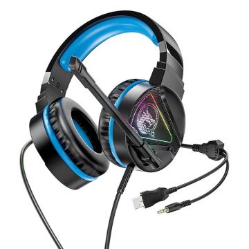 Casti Hoco W104, Dedicate pentru Gaming, Microfon Omnidirectional, Iluminare RGB Graduala, Albastru