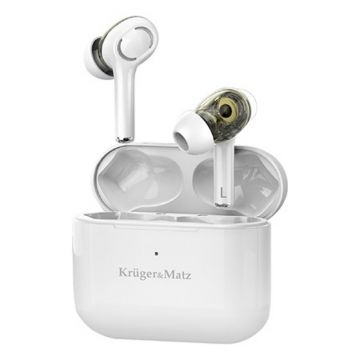 Casti Wireless Kruger&Matz, Bluetooth 5.0, 97 dB, 32 Ohm, 500 mAh, Microfon, accesorii incluse, Alb