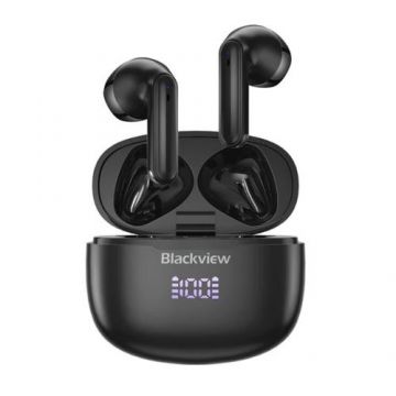 Casti wireless semi-in-ear Blackview AirBuds 7 TWS, cu cutie de incarcare, Display LED, Control tactil, Incarcare wireless, ENC, DNS (Negru)