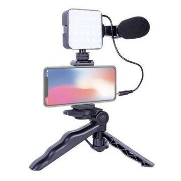 Kit video Tik Tok cu suport telefon, microfon, lampa LED si trepied, 800 lm, lumina 5600K, rotativ