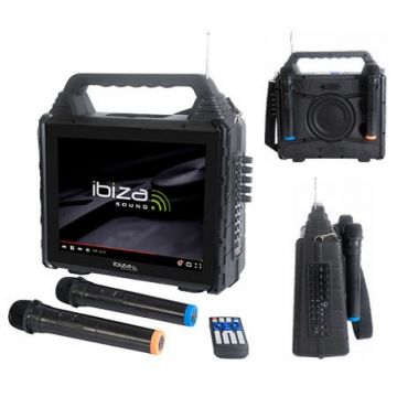 Set portabil pentru karaoke, 150 W, 14.1 inch, 1024 x 768 px, ecran incorporat, 2 microfoane wireless, AUX