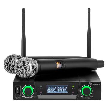 Statie 2 microfoane UHF Azusa, 5 W, 90 dB, modulare FM, 2 canale, 50 m, 2 x XLR, 1 x jack 6.3 mm