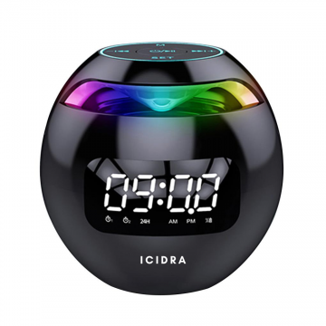 Boxa portabila Icidra, cu ceas digital fara fir cu alarma si conectare bluetooth, display led black edition, boxa integrata cu mini card audio