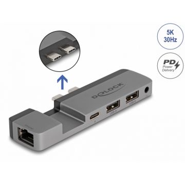 Docking Station pentru MacBook Pro/MacBook Air 2 x Thunderbolt4 la 1 x Thunderbolt4 5K30Hz/2 x USB-A/Gigabit LAN/jack 3.5mm 4 pini/PD 100W, Delock 87757