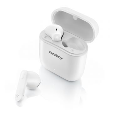 Casti audio in-ear Niceboy HIVE Beans, True Wireless, Bluetooth 5.0, Microfon, asistent vocal, control tactil, IPX4, autonomie de pana la 20 ore, alb