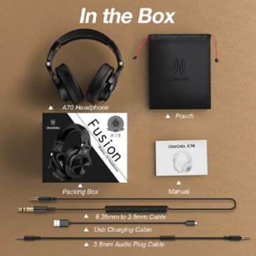 Casti DJ wireless OneOdio Fusion A70, Bluetooth 5.2, Cablu audio 6.35 la 3.5 mm inclus, Autonomie 50 ore, Gold