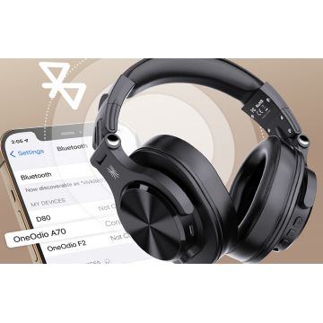 Casti DJ wireless OneOdio Fusion A70, Bluetooth 5.2, Cablu audio 6.35 la 3.5 mm inclus, Autonomie 50 ore, Negru