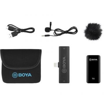 Lavaliera Boya BY-XM6-S3 digitala cu microfon omnidirectional fara fir cu transmitator si receiver Lightning + cutie cu baterie suplimentara