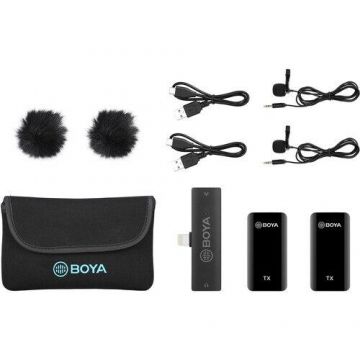 Lavaliera Boya BY-XM6-S6, mini lavaliera digitala cu 2 microfoane omnidirectional fara fir cu doua transmitatoare si receiver USB-C + cutie cu baterie suplimentara