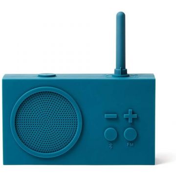 Radio portabil Lexon, TYKHO 3, rezistent la apa, ideal pentru dus, speaker Bluetooth, reincarcare USB, autonomie 20 de ore, carcasa din silicon, design retro, Albastru