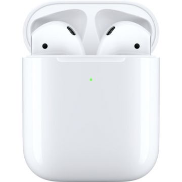 Casti True Wireless Apple AirPods 2 MRXj2ZM/A, Carcasa cu incarcare wireless, Bluetooth, Alb