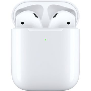 Casti True Wireless Apple AirPods 2 MRXj2ZM/A, Carcasa cu incarcare wireless, Bluetooth, Alb