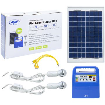 Sistem solar fotovoltaic PNI GreenHouse H01 30W cu acumulator 12V/7Ah, USB/Radio/MP3, 2 becuri LED