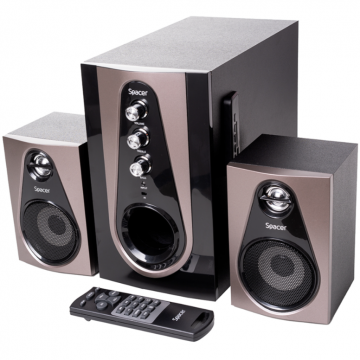 Boxe 2.1 30W Bluetooth Telecomanda Subwoofer Lemn MDF Radio FM USB Card SD RCA Negru/Maro Boxe 2.1 30W Bluetooth Telecomanda Subwoofer Lemn MDF Radio FM USB Card SD RCA Negru/Maro