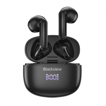 Casti wireless semi-in-ear Blackview AirBuds 7 TWS Negru cu cutie de incarcare, Display LED, Control tactil, Incarcare wireless, ENC, DNS