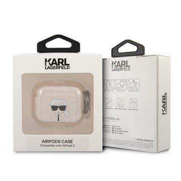 Carcasa Karl Lagerfeld KLA3UKHGD Glitter Karl`s Head compatibila cu Apple AirPods 3 Gold