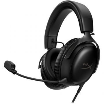 Casti Gaming HyperX Cloud III, DTS Headphone:X Spatial Audio, drivere 53mm, microfon detasabil cu metal mesh, noise cancelling si indicator LED, jack 3,5mm, USB-C, USB-A, cupe cu spuma cu memorie, multiplatforma, (Negru)