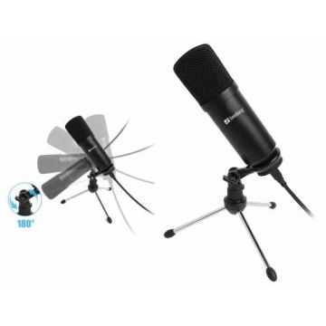 Microfon de birou Sandberg 126-09 pentru streaming, USB, negru Microfon de birou Sandberg 126-09 pentru streaming, USB, negru