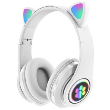 Casti wireless over-ear B39 New, Bluetooth 5.0, Microfon, Urechi Pisica iluminate RGB, Alb