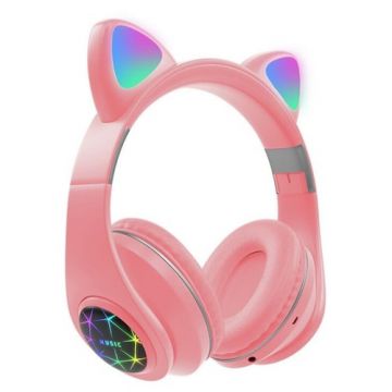 Casti over-ear wireless NYTRO M2, Bluetooth 5.0, Aux IN si microSD, Urechi Pisica cu Lumini RGB, Radio FM, Pink