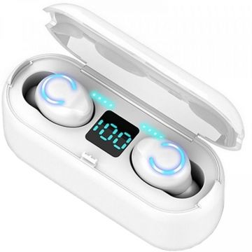 Casti wireless F9 White, Bluetooth 5.0, Touch Control, Powerbank cu Afisaj