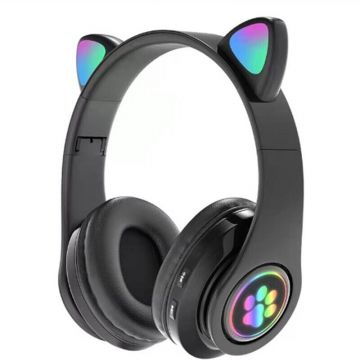 Casti wireless over-ear B39 New, Bluetooth 5.0, Microfon, Urechi Pisica iluminate RGB, Black