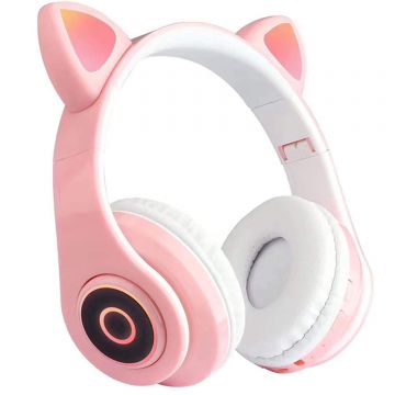 Casti wireless over-ear B39, Bluetooth, Microfon, Urechi Pisica cu Lumini, Pink