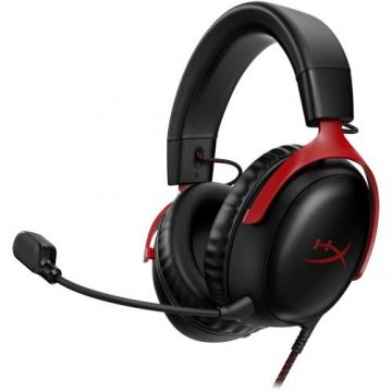 Casti Gaming HyperX Cloud III, DTS Headphone:X Spatial Audio, drivere 53mm, microfon detasabil cu metal mesh, noise cancelling si indicator LED, jack 3,5mm, USB-C, USB-A, cupe cu spuma cu memorie, multiplatforma (Negru/Rosu)