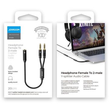 Splitter cablu audio AUX Joyroom SY-A05, Jack 3.5 mama la 2x Jack 3.5 tata, 0.2m, Negru