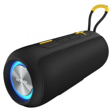 Boxa portabila Niceboy Raze Supersonic XL, Wireless, 24W, Bluetooth 5.0, Microfon, USB, AUX, SD, FM, IPX6, MaxxBass, functie powerbank, autonomie pana la 12 ore, incarcare USB-C, Negru/Galben