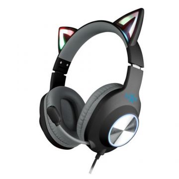 Casti gaming pliabile, FoxXray BAL-62 ShinyCat BK, urechi de pisica iluminate RGB, Negru