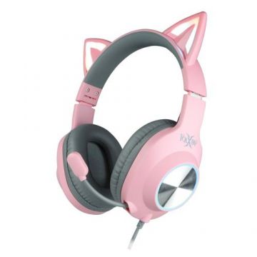 Casti gaming pliabile, FoxXray BAL-62 ShinyCat PK, urechi de pisica iluminate RGB, Roz